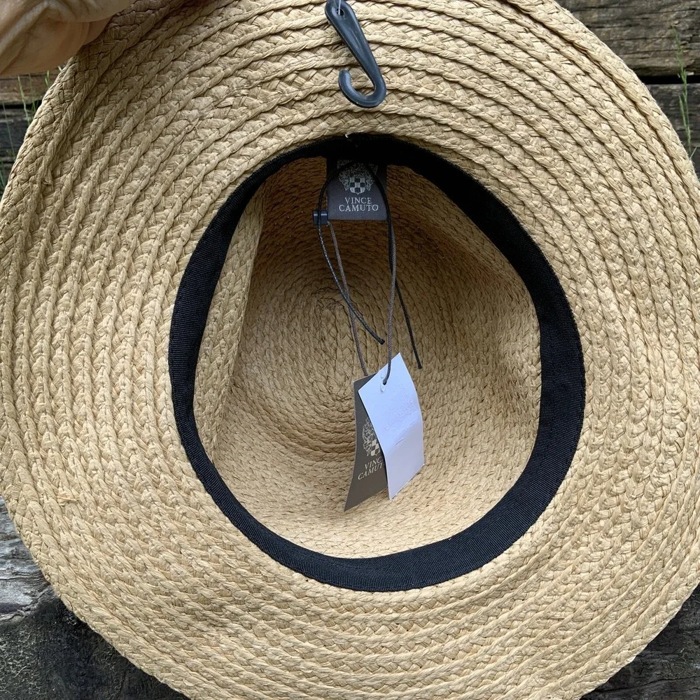 VINCE‎ CAMUTO Chain Trim Woven Paper Panama Hat Natural OS Packable NWT